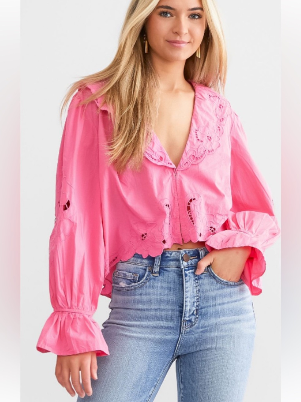 Free People Bright Pink Eyelet Cropped Blouse